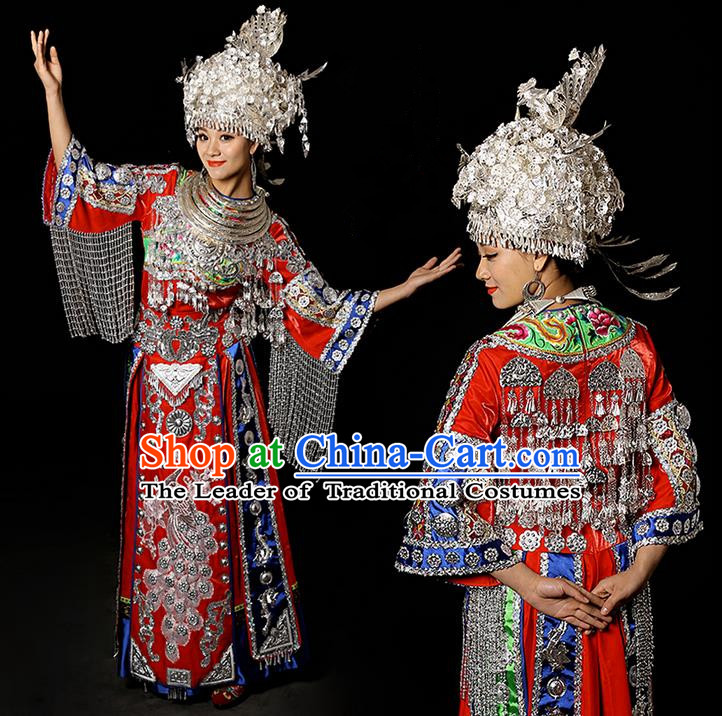 Traditional Chinese Miao Nationality Dancing Costume Accessories Necklace, Silver Phoenix Headwear, Hmong Female Folk Dance Ethnic Pleated Skirt and Headwear, Chinese Minority Nationality Embroidery Costume and Hat for Women