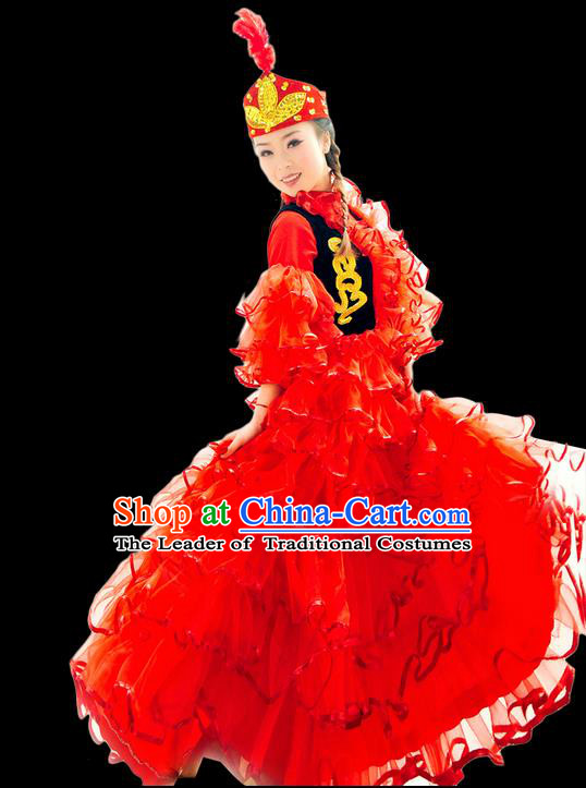 Traditional Chinese Khalkhas Nationality Dancing Costume, Kirkiz Female Folk Dance Ethnic Pleated Skirt, Chinese Minority Khalkhas Nationality Embroidery Costume for Women