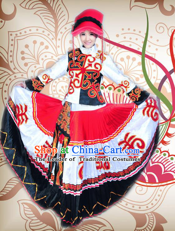 Traditional Chinese Qiang Nationality Dancing Costume, Qiangzu Female Folk Dance Ethnic Dress, Chinese Minority Qiang Nationality Embroidery Costume for Women