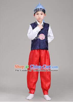 Korean Traditional Dress For Boys Children Clothes Kid Costume Stage Show Dancing Halloween Blue Top Red Pants