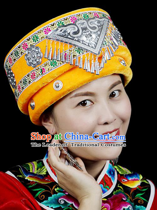 Traditional Chinese Miao Nationality Jewelry Accessories Hats, Hmong Ethnic Accessories, Chinese Minority Tujia Nationality Embroidery Headwear Hat for Women