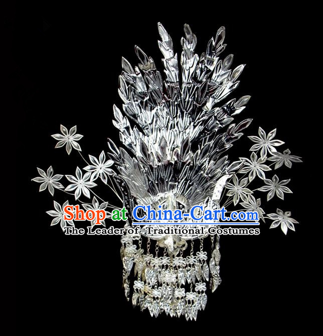 Traditional Chinese Miao Nationality Sliver Jewelry Accessories, Silver Phoenix Headwear, Hmong Ethnic Hair Accessories, Chinese Minority Miao Nationality Hat Crown for Women