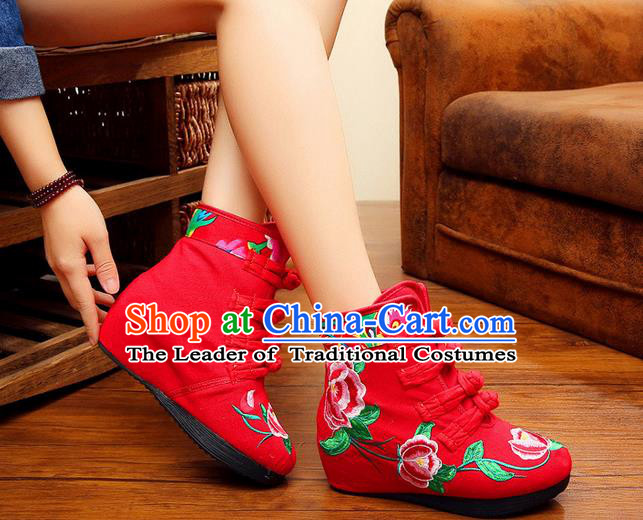 Traditional Chinese Folk Dance Shoes, China Female Embroidered Shoes, Chinese Minority Nationality Embroidery Ankle Boots for Women
