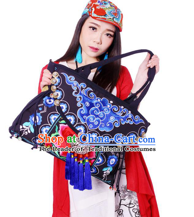Traditional Chinese Miao Nationality Jewelry Accessories Bags, Hmong Ethnic Accessories Embroidery Shoulder Handbags for Women
