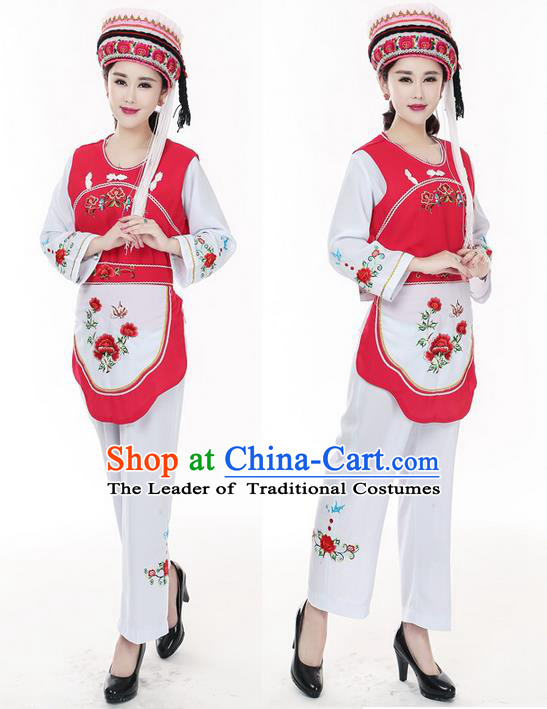 Traditional Chinese Bai Nationality Dancing Costume, Baizu Female Folk Dance Ethnic Dress, Chinese Minority Nationality Embroidery Costume for Women