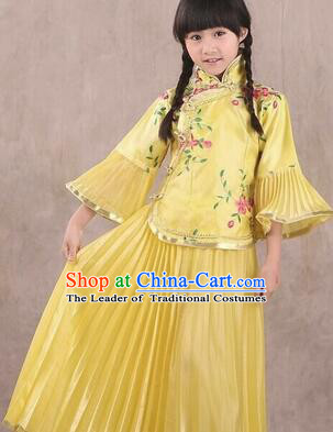 Min Guo Girl Dress Traditional Chinese Clothes Ancient Costume Tang Suit Children Kid Show Stage Wearing Dancing Yellow