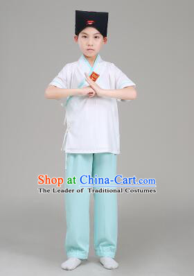 Han Fu For Children Chinese Traditional Dress Short Sleeves Stage Show Ceremonial Costumes Gray Top Green Pants