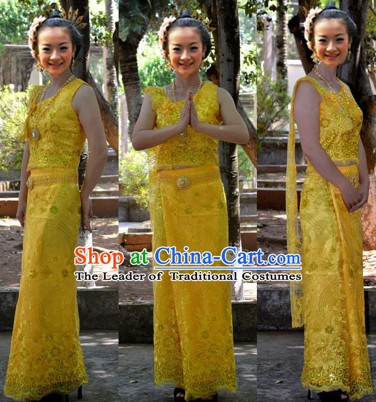 Traditional Asian Thai Palace Princess Wedding Double Gauze Costume Complete Set, Thai Shawl Royal Court Embroidery Clothing for Women