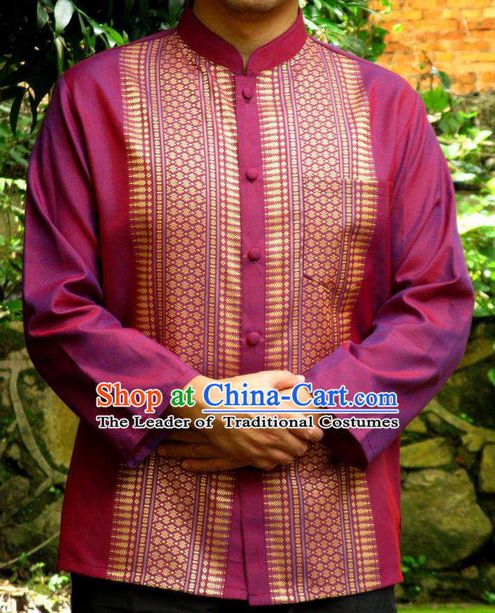 Traditional Asian Thai Palace Men Costume Skirt, Thai Royal Court Silk Dress Shirt for Men