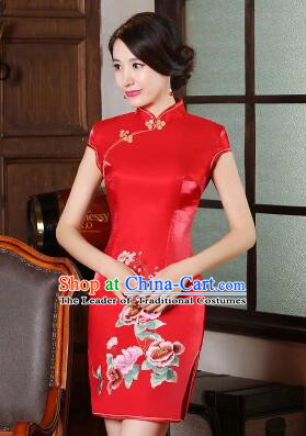 One Piece Dress Qi Pao Cheongsam Styel Short Sleeves Chinese Traditional Clothes