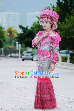 Traditional Chinese Miao Nationality Wedding Costume, Hmong Luxury Female Folk Dance Ethnic Pleated Long Skirt, Chinese Minority Nationality Embroidery Costume for Women