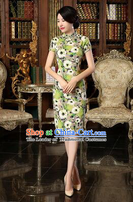 Chinese Traditional One Piece Dress Linen Short Sleeves Qi Pao Cheongsam Styel Chinese Traditional Clothes Slim Fashionable Green
