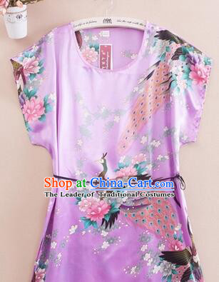Night Suit for Women Night Gown Bedgown Leisure Wear Home Clothes Chinese Traditional Style Peacock Light Purple