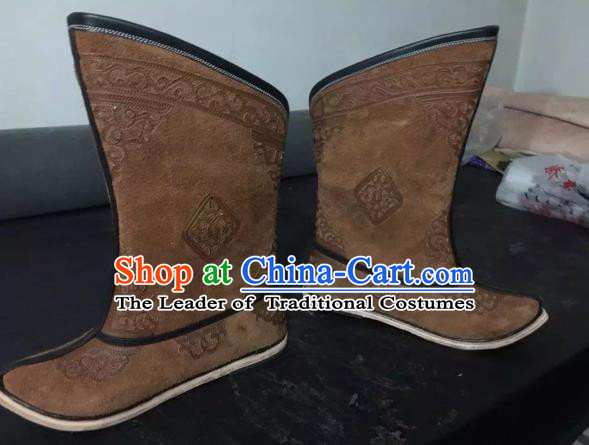 Traditional Chinese Minority Mongol Nationality Ethnic Minorities Mongolian Dance Cowhide Boots Mongolian Knee Embroidery Boots Jockey Boots Tanks Boots for Men