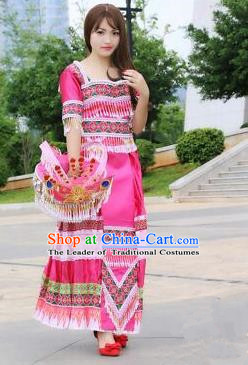 Traditional Chinese Miao Nationality Wedding Costume, Hmong Luxury Improved Bride Folk Dance Ethnic Long Skirt, Chinese Minority Nationality Embroidery Costume for Women