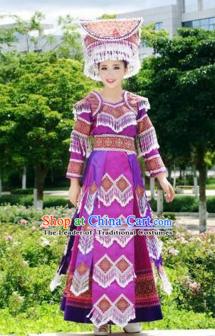 Traditional Chinese Miao Nationality Wedding Costume Set, Hmong Luxury Improved Bride Folk Dance Ethnic Long Skirt, Chinese Minority Nationality Embroidery Costume for Women