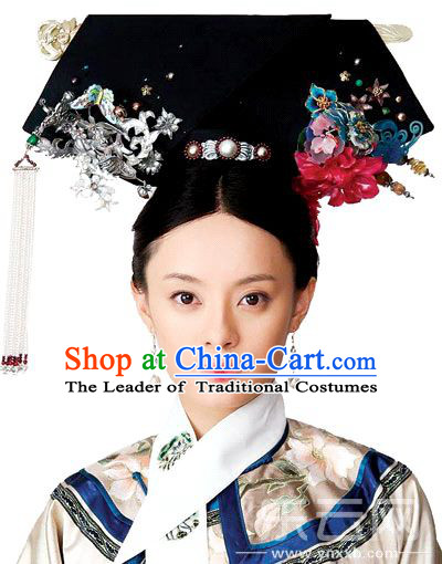 Acient Chinese Headwear, Traditional Qing Dynasty Hat, Legend Of Zhen Huan Headdress Suit, Large Heads Of La Fin Flag Plus Accessories Empress Tire Costume, Studio Props Cast Performance For Women