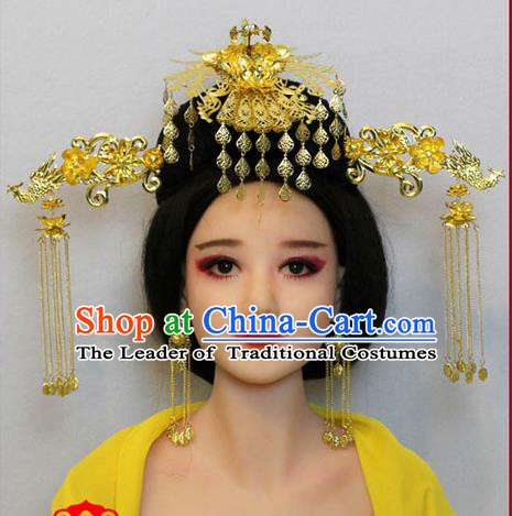 Chinese Ancient Style Hair Jewelry Accessories, Hairpins, Tang Dynasty Wedding Bride Imperial Empress Handmade Phoenix Set for Women