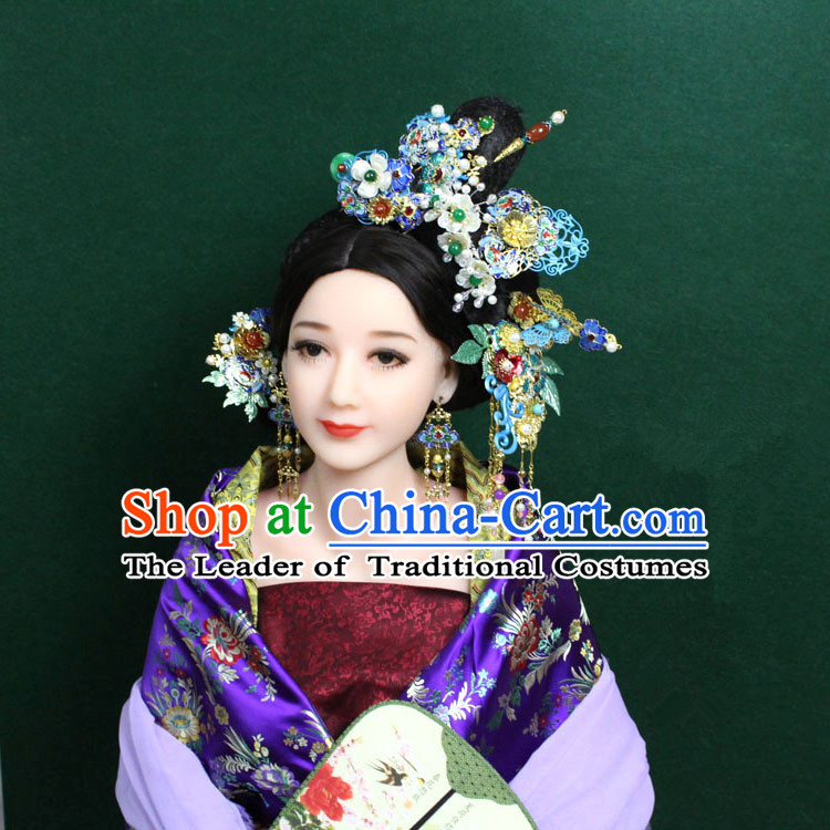Chinese Ancient Style Hair Jewelry Accessories, Blueing Cloisonne Hairpins, Princess Hanfu Xiuhe Suit Wedding Bride Phoenix Coronet, Hair Accessories Set for Women