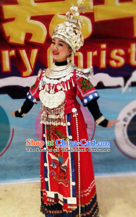 Traditional Chinese Miao Ethnic Clothing and Silver Hat Complete Set for Women or Girls