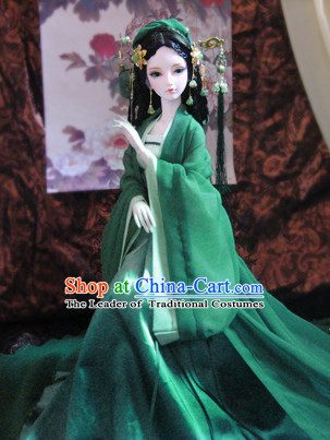 Ancient Chinese Green Lady Costumes and Hair Jewelry Complete Set for Women