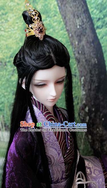 Ancient Chinese Style Prince Emperor Long Black Wigs and Coronet for Men Boys Adults Kids