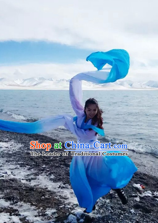 White to Blue Changing Transition Chinese Classical Water Sleeves Long Sleeves Dance Costume for Women or Girls