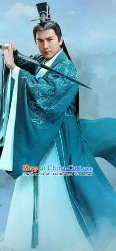Ancient Chinese Swordsman Clothing and Hair Jewelry Complete Set for Men
