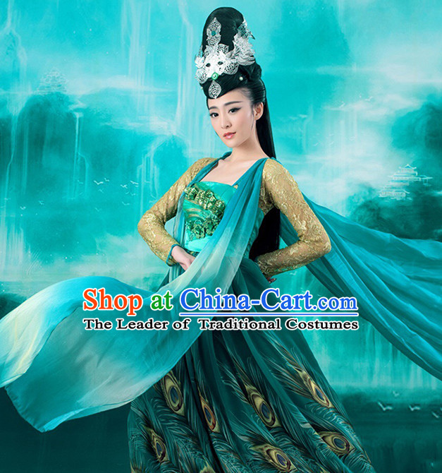 Chinese Ancient Peacock Princess Garment and Hair Accessories Complete Set for Women
