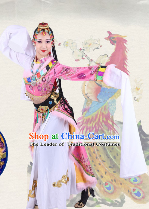 Chinese Traditional Classical Ethnic Tibetan Dance Costumes Dancewear and Headpieces Complete Set for Women