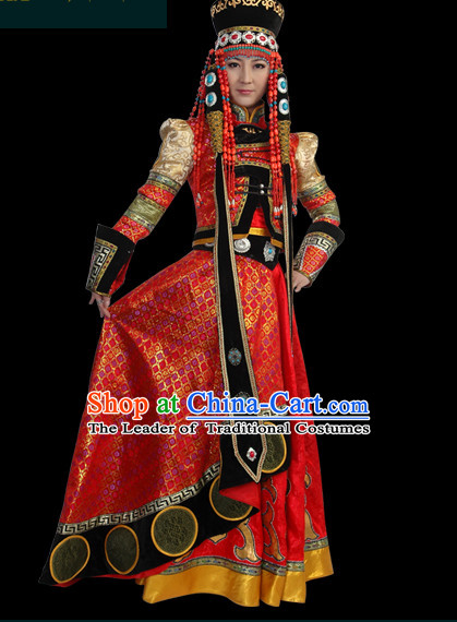 Chinese Mongolian People Yuan Dynasty Mongolians Dance Costumes Queen Princess Empress Clothing Clothes Garment Complete Set for Women Girls