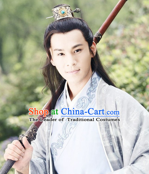 Ancient Chinese Style White Male Long Black Wigs and Coronet Set for Young Men