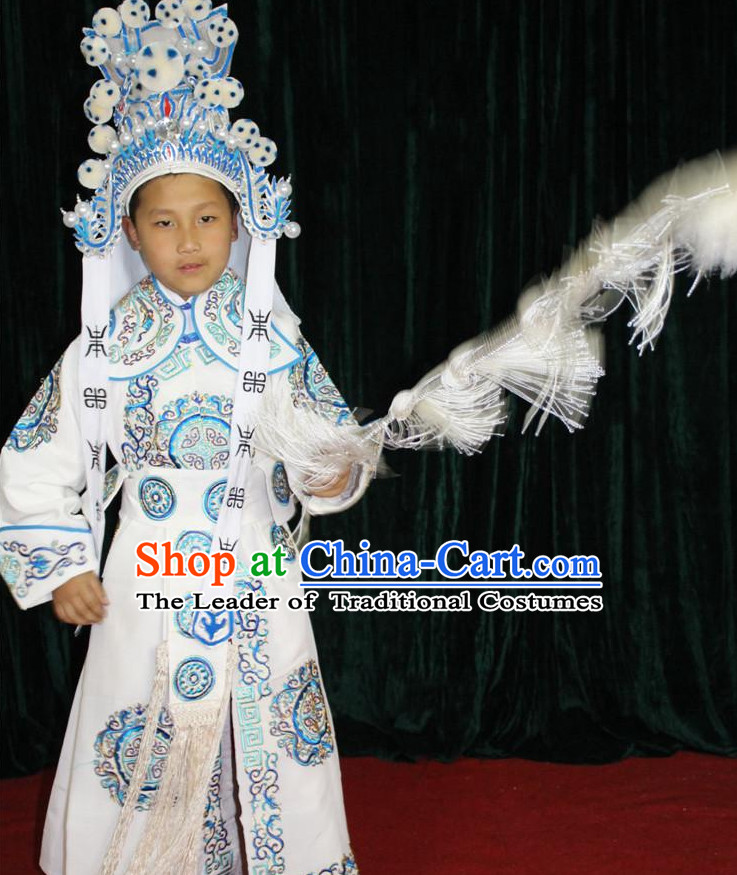 Chinese Opera Wusheng Embroidery Costume and Hat Complete Set for Children Boys