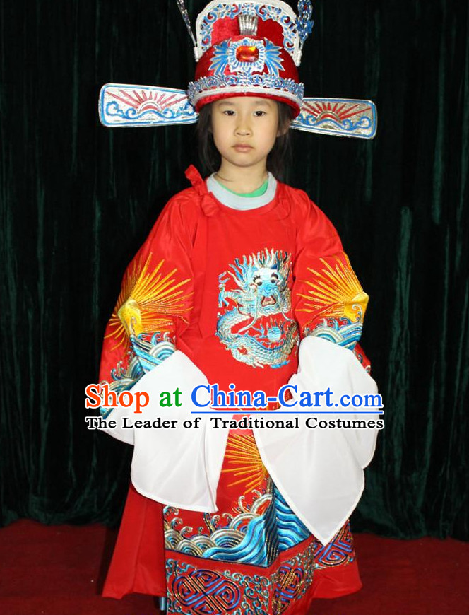 Chinese Opera Official Bridegroom Dragon Embroidery Costumes and Hat Complete Set for Children Boys