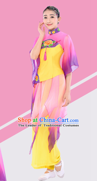Chinese Traditional Stage Fan Dance Dancewear Costumes Dancer Costumes Dance Costumes Clothes and Headdress Complete Set for Women Children
