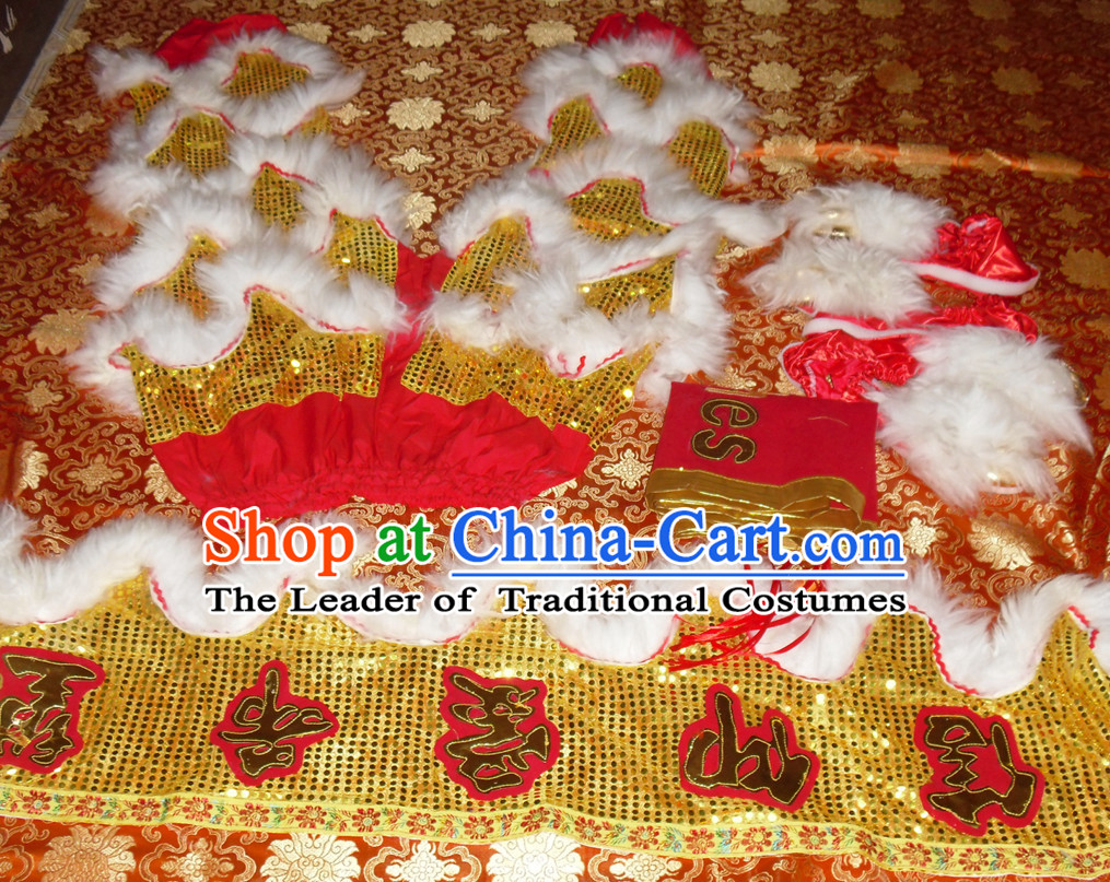 Gold Color White Wool Top Asian Chinese Troupe Performance 2 Pairs of Lion Dance Pants and Claws