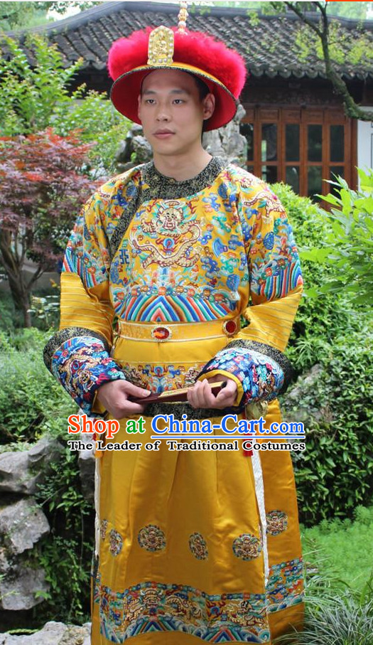 Qing Dynasty Chinese Emperor Embroidered Dragon Robe Hanfu Dresses Garment and Crown Complete Set for Men