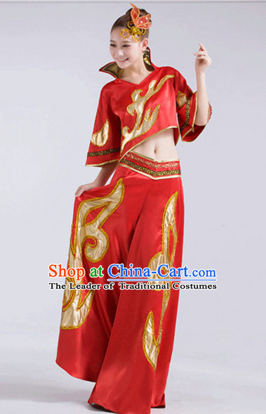 Red Chinese Folk Fan Dancewear and Headdress Complete Set for Women