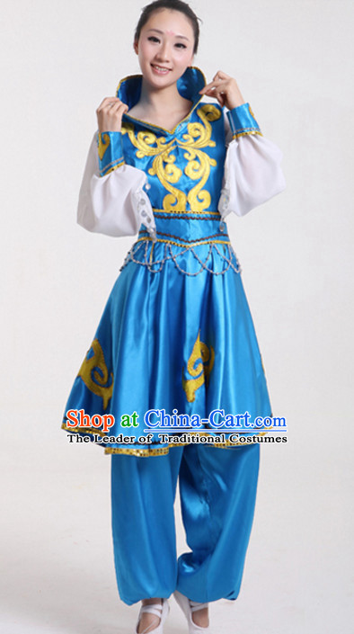 High Collar Blue Chinese Folk Fan Dancing Costumes Complete Set for Women