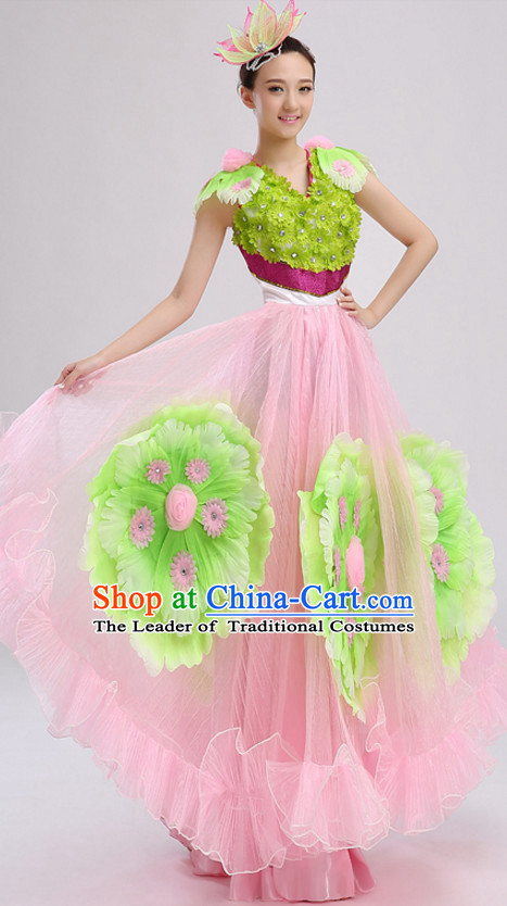 Pink Chinese Folk Flower Dancing Costumes and Headdress Complete Set for Women