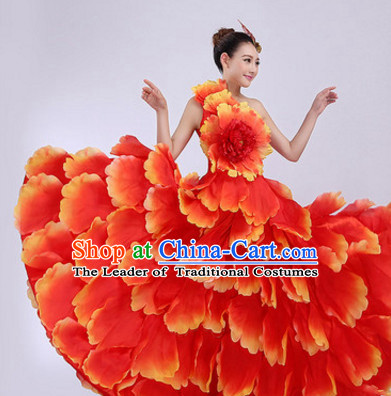 Red Chinese Stage Performance Flower Dancewear Costume and Headdress Complete Set for Women