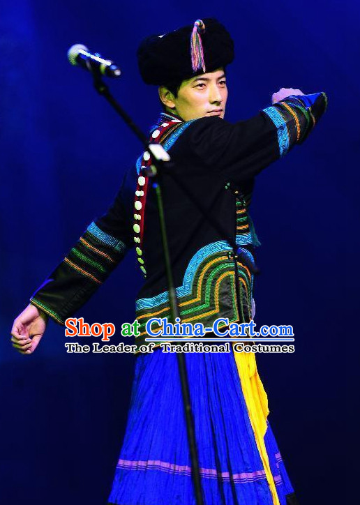 Chinese Yi Group People Folk Dance Ethnic Dresses Traditional Wear Clothing Cultural Dancing Costume Complete Sets for Men