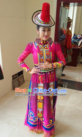 Chinese Yugu People Folk Dance Ethnic Dresses Traditional Wear Clothing Cultural Dancing Costume Complete Sets for Women