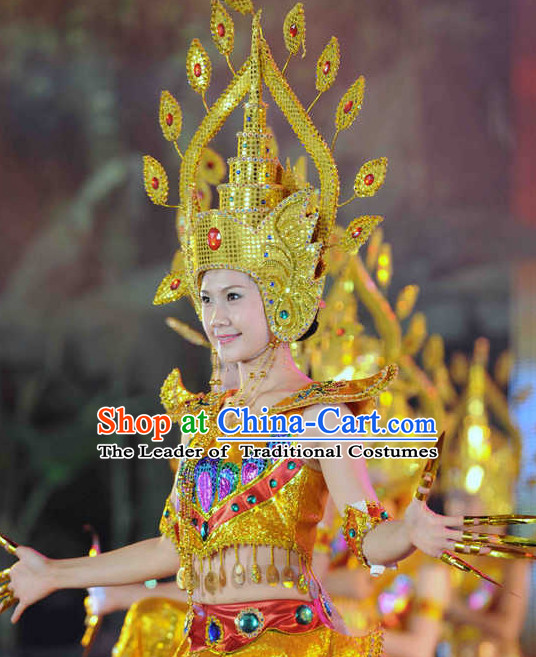 Traditional Thailand National Dance Costumes and Hat Complete Set for Women