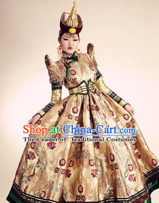 Traditional Mongolian Clothing Ancient Ethnic Princess Clothes and Hat Complete Set for Women