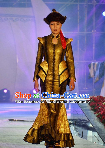 Traditional Mongolian Clothing Ancient Ethnic Princess Dresses and Hat Complete Set for Women