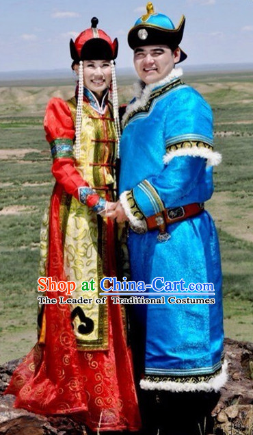 Chinese Traditional Ethnic Empress and Emperor National Costumes Wedding Dresses Wear Clothing and Hat 2 Complete Sets