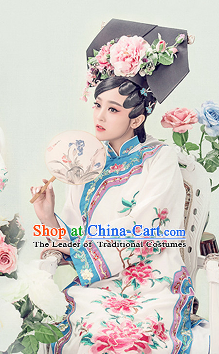 Top Qing Dynasty Princess Cheongsam Silk Qipao Hanfu Dress Hanbok Kimono Cosplay Costume Traditional Dresses and Hat Complete Set