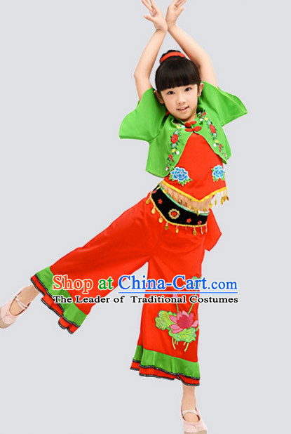 Traditional Chinese Fan Dancing Costume Chinese Dance Costumes Complete Set for Kids Girls