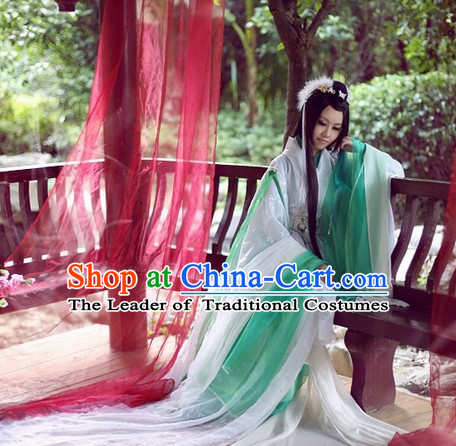Top White Green Chinese Fairy Princess Hanfu Costumes Theater and Reenactment Costumes and Headgear Complete Set for Women